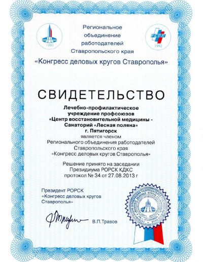 Свидетельство Регионального объединения работодателей Ставропольского края "Конгресс деловых кругов Ставрополья", 2013 г.