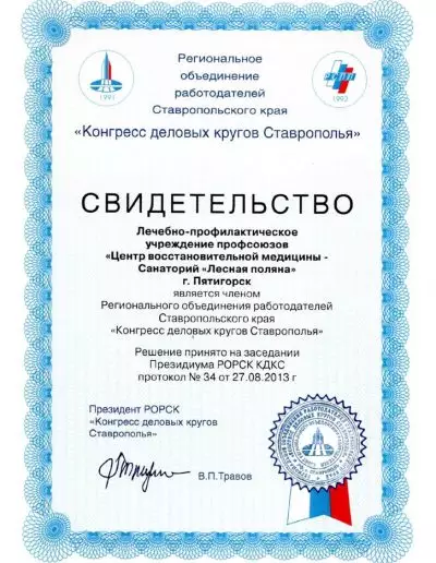 Свидетельство Регионального объединения работодателей Ставропольского края "Конгресс деловых кругов Ставрополья", 2013 г.