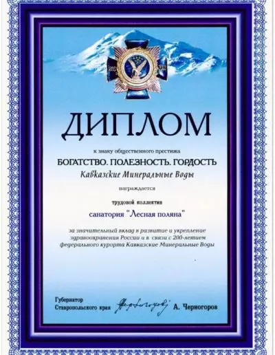 Диплом Губернатора Ставропольского края к знаку "Богатство. Полезность. Гордость"